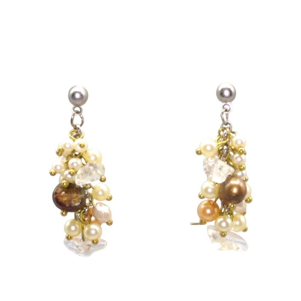 Tahitian Pearls and Rock Crystals Earrings, Elegant Neutral Cluster Dangle